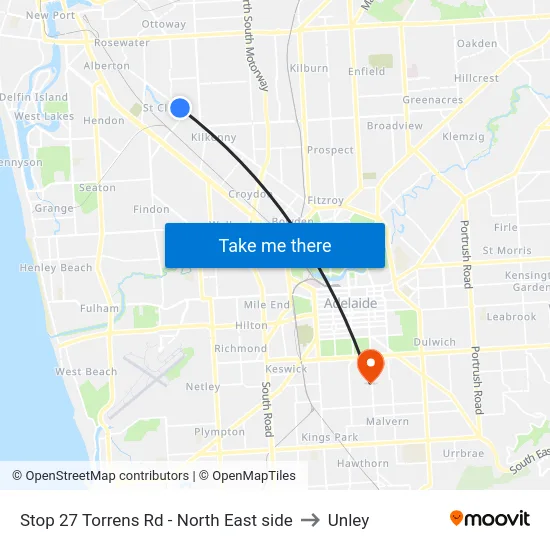 Stop 27 Torrens Rd - North East side to Unley map