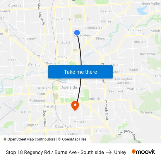Stop 18 Regency Rd / Burns Ave - South side to Unley map