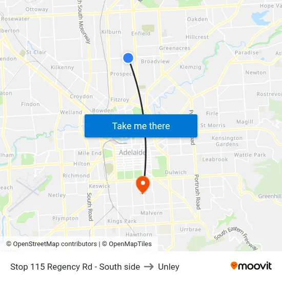 Stop 115 Regency Rd - South side to Unley map
