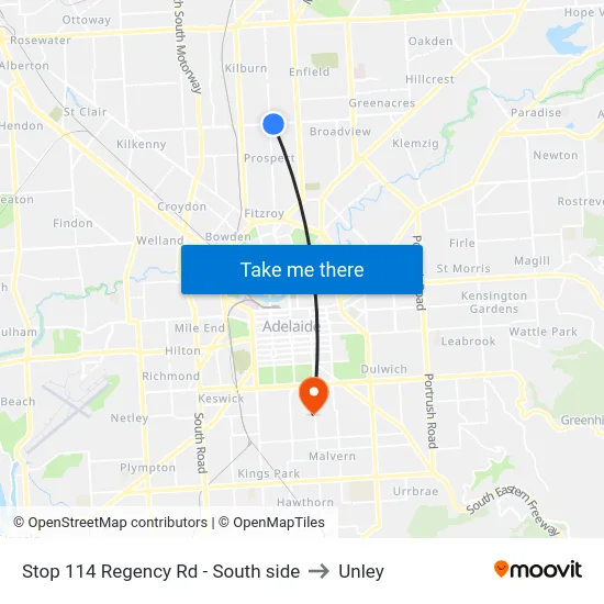 Stop 114 Regency Rd - South side to Unley map