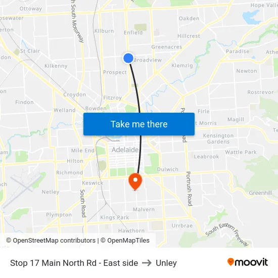 Stop 17 Main North Rd - East side to Unley map