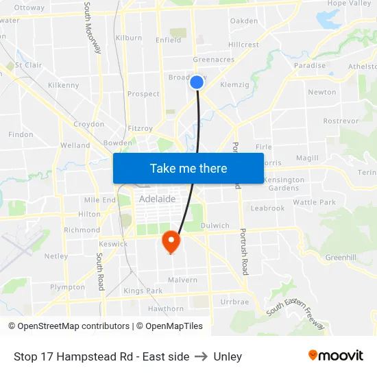 Stop 17 Hampstead Rd - East side to Unley map