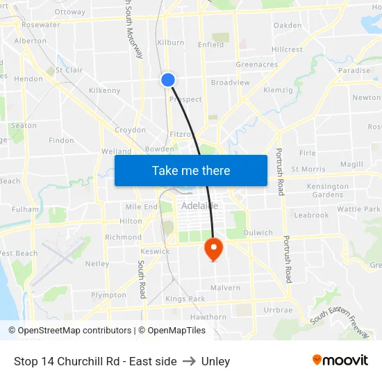 Stop 14 Churchill Rd - East side to Unley map