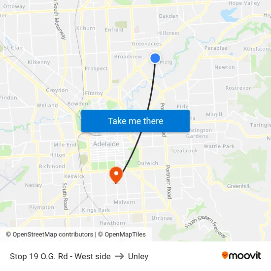 Stop 19 O.G. Rd - West side to Unley map