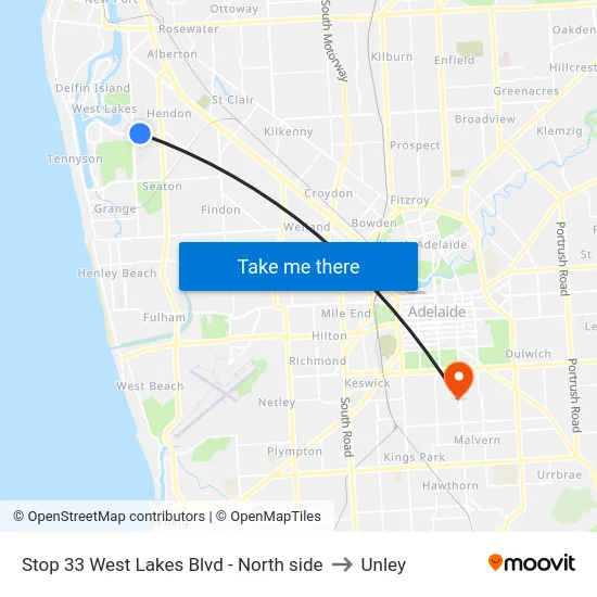 Stop 33 West Lakes Blvd - North side to Unley map