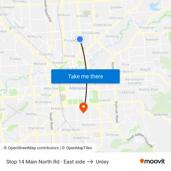 Stop 14 Main North Rd - East side to Unley map