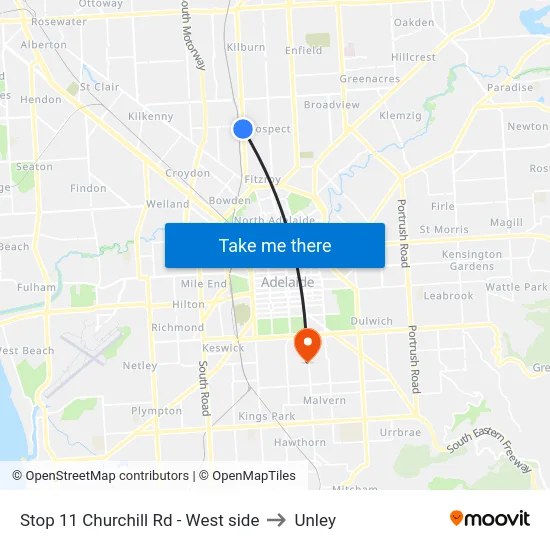 Stop 11 Churchill Rd - West side to Unley map