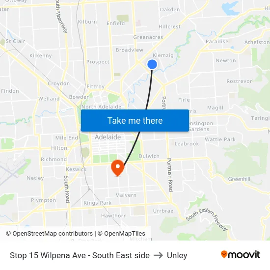 Stop 15 Wilpena Ave - South East side to Unley map