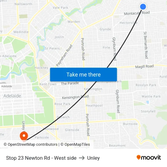Stop 23 Newton Rd - West side to Unley map