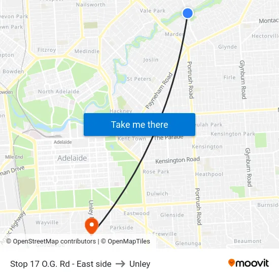 Stop 17 O.G. Rd - East side to Unley map