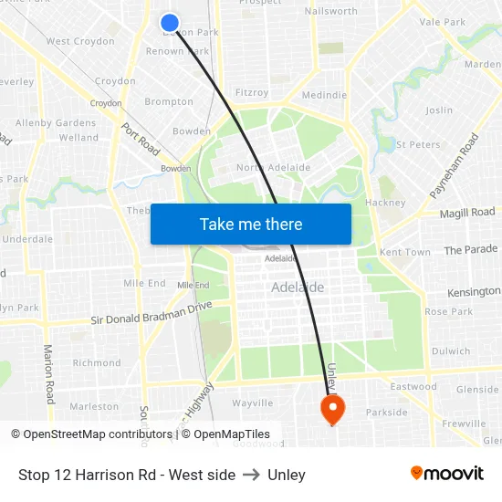 Stop 12 Harrison Rd - West side to Unley map