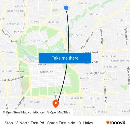 Stop 13 North East Rd - South East side to Unley map