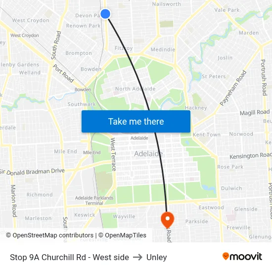 Stop 9A Churchill Rd - West side to Unley map