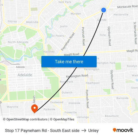Stop 17 Payneham Rd - South East side to Unley map