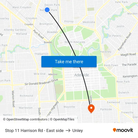 Stop 11 Harrison Rd - East side to Unley map