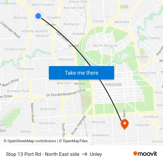 Stop 13 Port Rd - North East side to Unley map