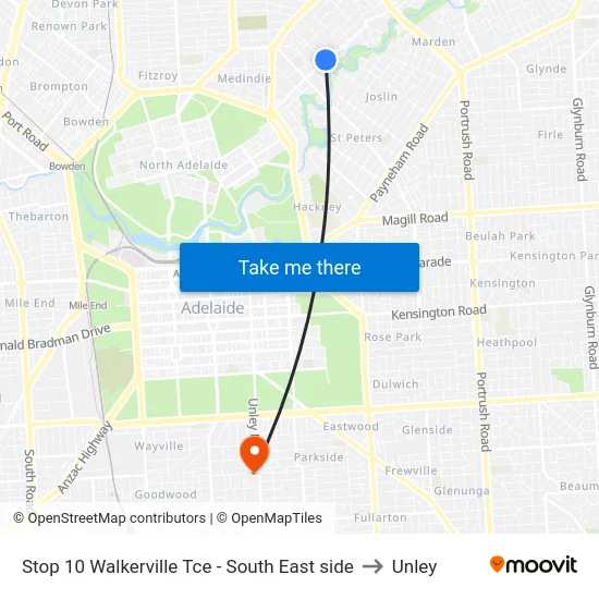 Stop 10 Walkerville Tce - South East side to Unley map