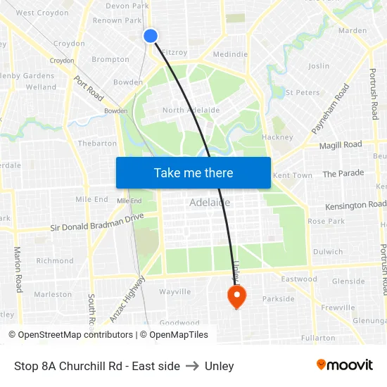 Stop 8A Churchill Rd - East side to Unley map