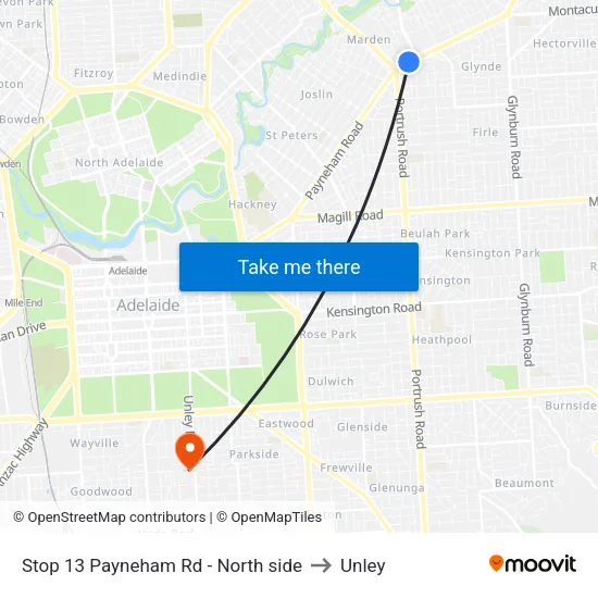 Stop 13 Payneham Rd - North side to Unley map