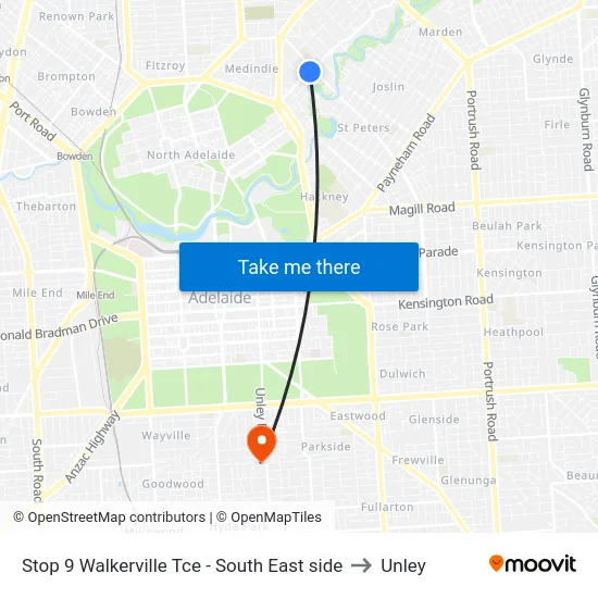 Stop 9 Walkerville Tce - South East side to Unley map