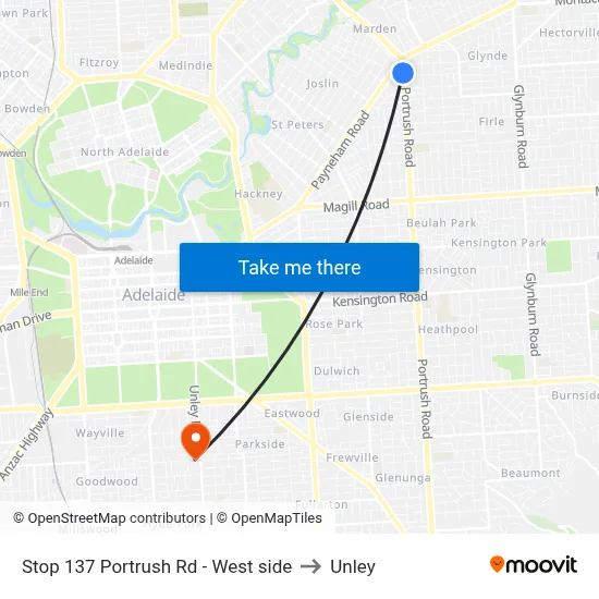 Stop 137 Portrush Rd - West side to Unley map
