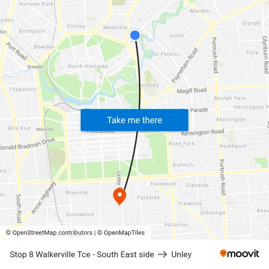 Stop 8 Walkerville Tce - South East side to Unley map