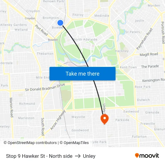 Stop 9 Hawker St - North side to Unley map