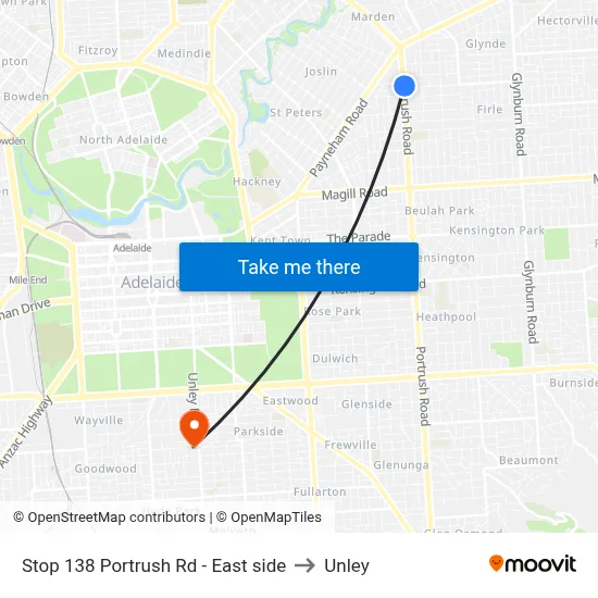 Stop 138 Portrush Rd - East side to Unley map