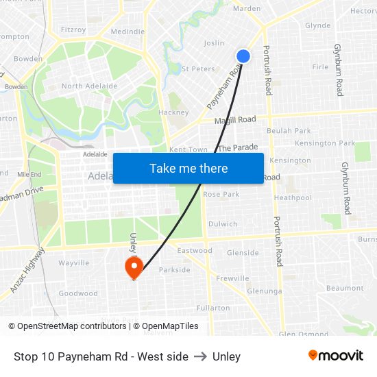 Stop 10 Payneham Rd - West side to Unley map