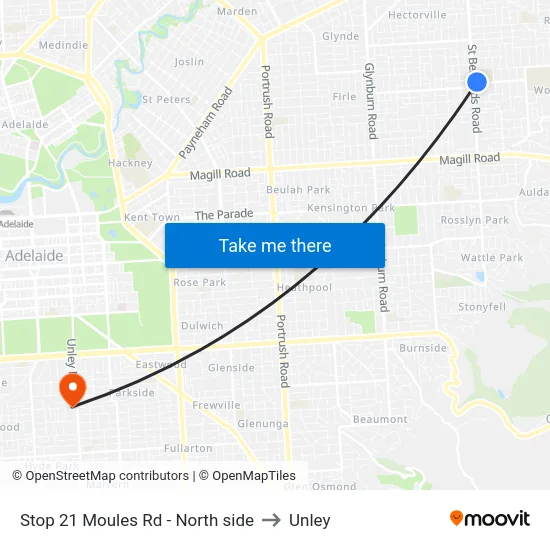 Stop 21 Moules Rd - North side to Unley map