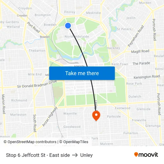 Stop 6 Jeffcott St - East side to Unley map