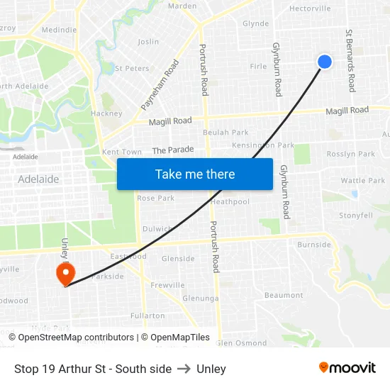 Stop 19 Arthur St - South side to Unley map