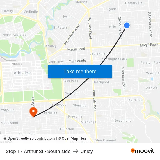 Stop 17 Arthur St - South side to Unley map