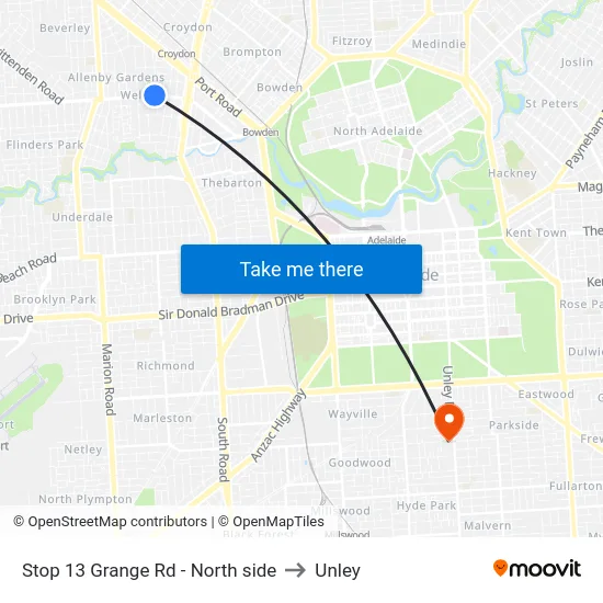 Stop 13 Grange Rd - North side to Unley map