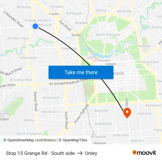 Stop 15 Grange Rd - South side to Unley map