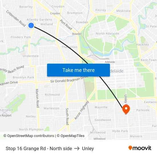 Stop 16 Grange Rd - North side to Unley map