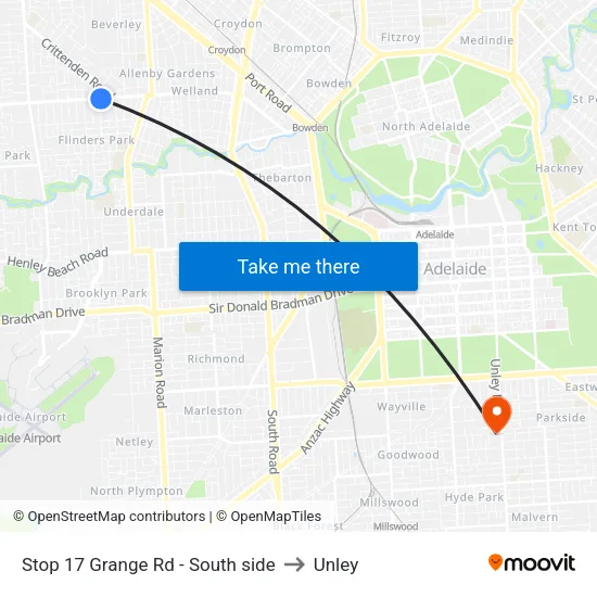 Stop 17 Grange Rd - South side to Unley map