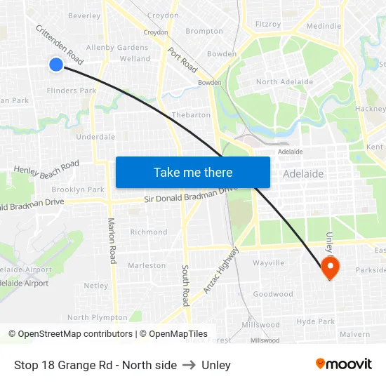 Stop 18 Grange Rd - North side to Unley map