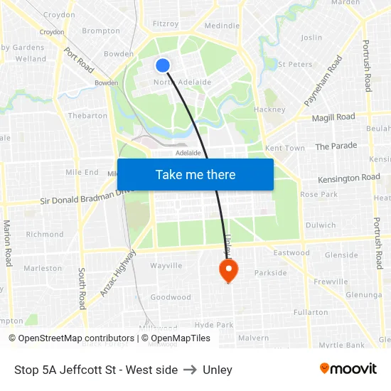 Stop 5A Jeffcott St - West side to Unley map