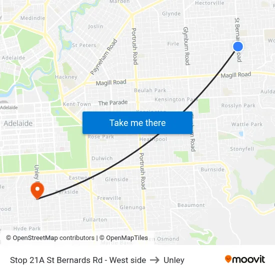 Stop 21A St Bernards Rd - West side to Unley map