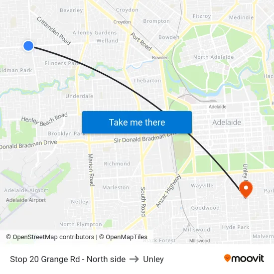 Stop 20 Grange Rd - North side to Unley map