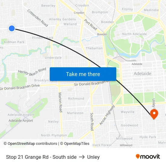 Stop 21 Grange Rd - South side to Unley map