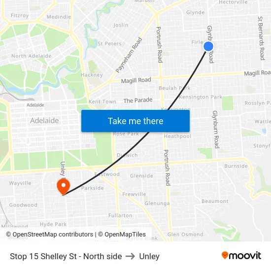 Stop 15 Shelley St - North side to Unley map