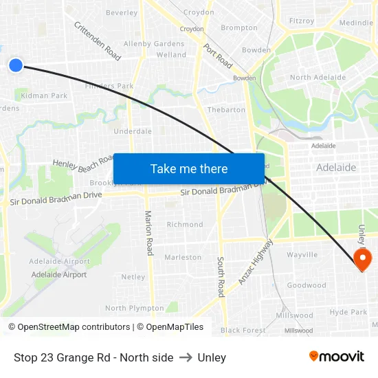 Stop 23 Grange Rd - North side to Unley map