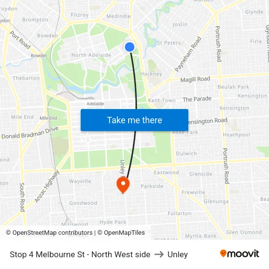 Stop 4 Melbourne St - North West side to Unley map