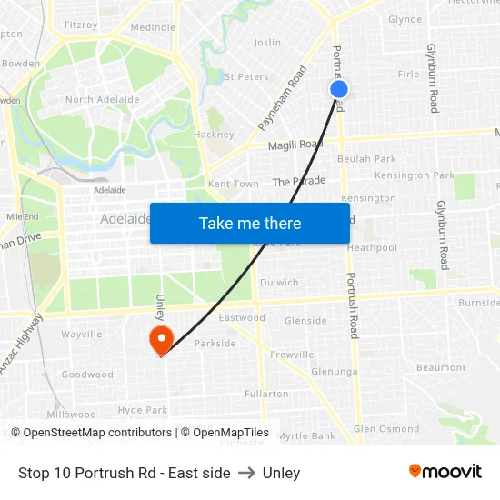 Stop 10 Portrush Rd - East side to Unley map