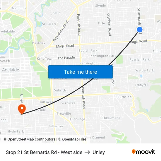Stop 21 St Bernards Rd - West side to Unley map