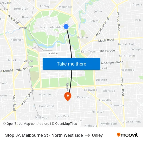 Stop 3A Melbourne St - North West side to Unley map