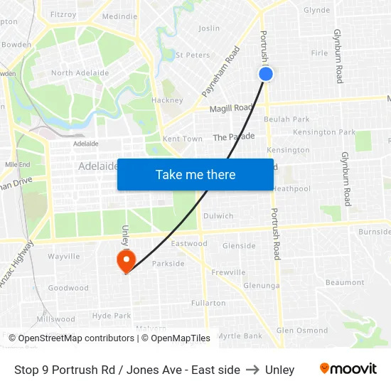 Stop 9 Portrush Rd / Jones Ave - East side to Unley map