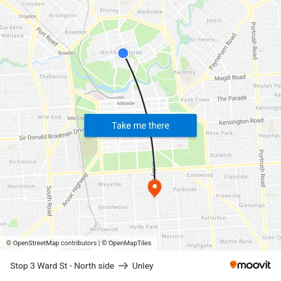 Stop 3 Ward St - North side to Unley map